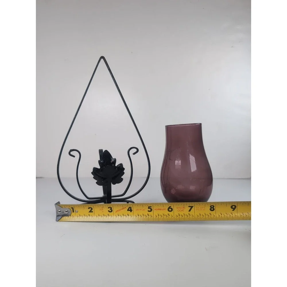 Black Metal Hanging Candle Holder W/Purple Glass Hurricane Footed Vintage Boho